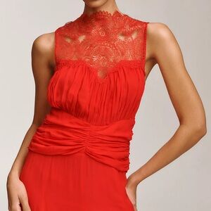 Shona Joy Red Lace High-Neck Maxi Dress